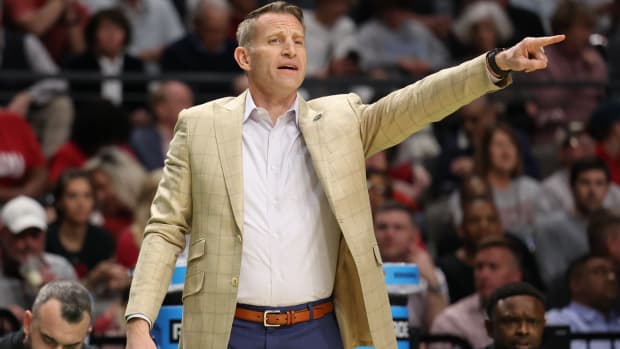 Mar 16, 2023; Birmingham, AL, USA; Alabama Crimson Tide head coach Nate Oats reacts against the Texas A&M-CC Islanders during the first half in the first round of the 2023 NCAA Tournament at Legacy Arena. Mandatory Credit: Vasha Hunt-USA TODAY Sports